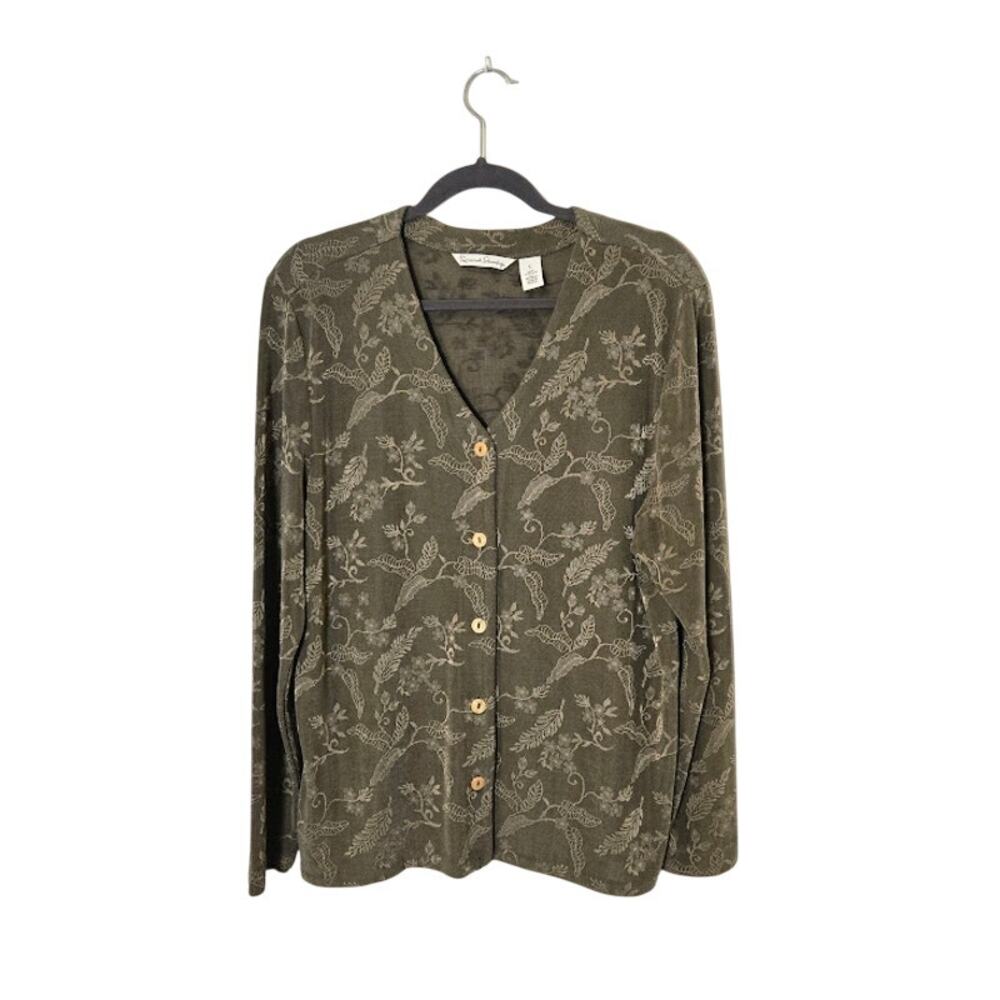 French Laundry Womens Slinky Cardigan Size Large Olive Green Preppy Classic